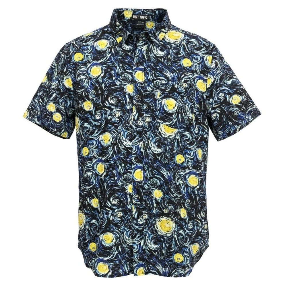 Hot Topic Mens Starry Night Van Gogh Rayon Short Sleeve Button Down Shirt M Blue
